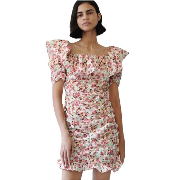 ZARA Floral Printed Draped Ruched Ruffled Mini Dress Size Women's Size Small - Picture 2 of 7